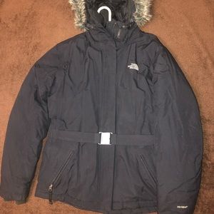 Black North Face Hyvent winter coat with fur trim.